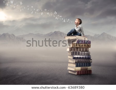 Child sitting on a stack of books with letters coming out of his mouth