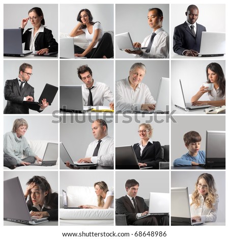Composition of different people using a laptop