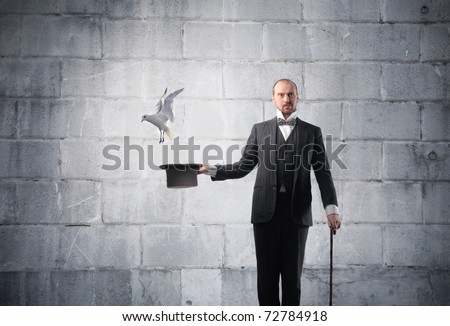 Magician with bird flying away from his cylinder hat