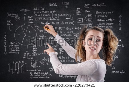 Confused girl writing on a blackboard