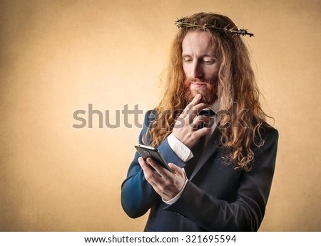 Weird businessman checking his smartphone