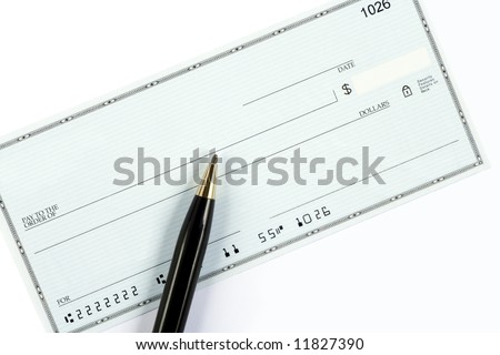 A blank check with a ballpoint pen. The account  and routing numbers are fake.
