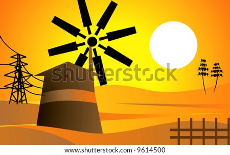 a wind mill and landscape in sunset