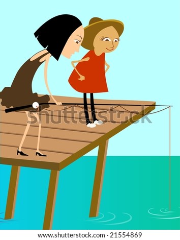 Cartoon Girl Fishing. and girl fishing in a lake