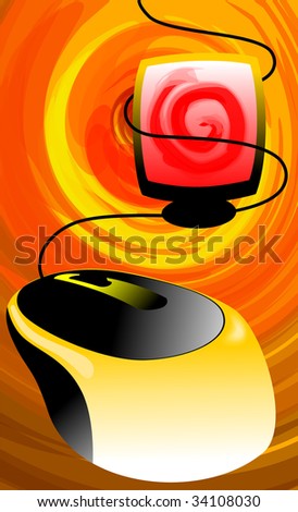 Digital painting of a computer monitor wired by mouse