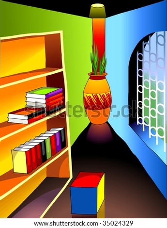 Digital painting of shelf and books in colour background