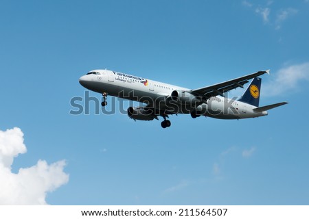 Frankfurt, Germany, August 04, 2014: A Lufthansa Airbus A321 landing in FRA. For a limited time the Fanhansa logo replaces the original LH logo on 8 aircraft to mark the Football World Cup in Brazil.