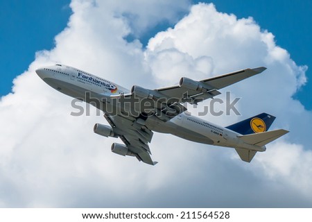 Frankfurt, Germany, August 04, 2014: A Lufthansa Boeing 747-430 at take-off. For a limited time the Fanhansa logo replaces the original LH logo on 8 aircraft to mark the Football World Cup in Brazil.