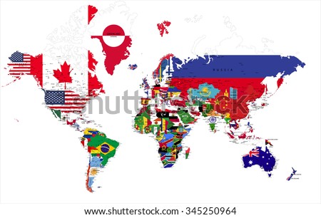 Political map of the world with country flags.