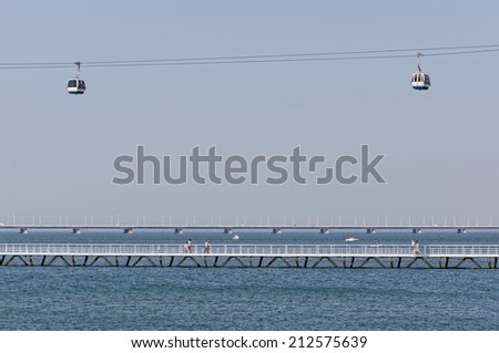 Lisbon, Portugal - May 15: The Cable Car and Vasco da Gama Bridge in Lisbon on May 15, 2014. The Cable Car provides an air trip over the whole of the Park of Nations. Portugal, Europe.