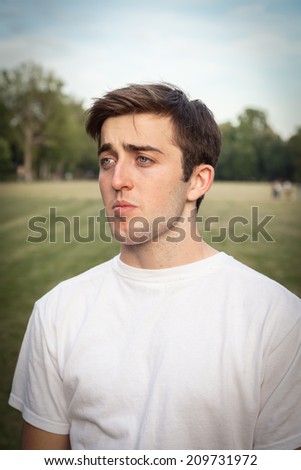 Portrait,  eighteen year old boy with blue eyes and brown hair in a day of summer in a park