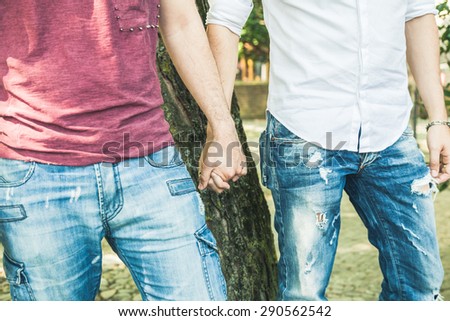 In a park, a couple of young men holding hands in a summer day