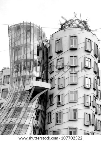PRAGUE - APRIL 29: The Dancing House in the center of Prague. Seen during gloomy, winter day. The building was designed by Vlado Milunic and Frank Gehry. Built in 1996. Prague, April 29, 2012.