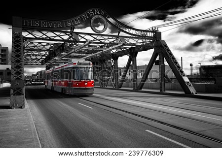 On the Bridge Iconic shot of TTC street car at Queen street east, Toronto, Ontario, Canada.