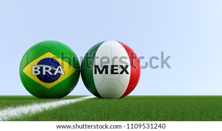 Brazil vs. Mexico Soccer Match - Soccer balls in Brazils and Mexicos national colors on a soccer field. Copy space on the right side - 3D Rendering