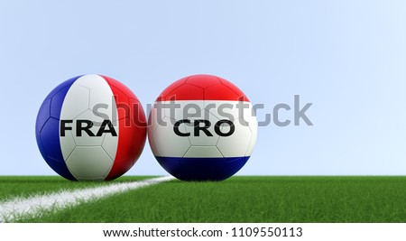 France vs. Croatia Soccer Match - Soccer balls in France and Croatia national colors on a soccer field. Copy space on the right side - 3D Rendering