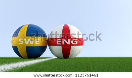 England vs. Sweden Soccer Match - Soccer balls in Swedish and English national colors on a soccer field. Copy space on the right side - 3D Rendering