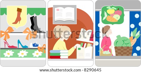 A woman shopping in a grocery store, shoes store, books store