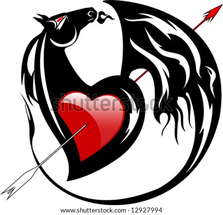  vector : Horse with heart and boom, tattoo, emblems, vector illustration