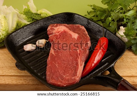 a french entrecote / steak / in pan, griddle
