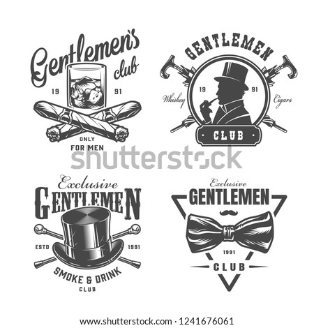 Vintage monochrome gentleman labels set with whiskey glass crossed cigars canes british man elegant top hat bowtie isolated vector illustration