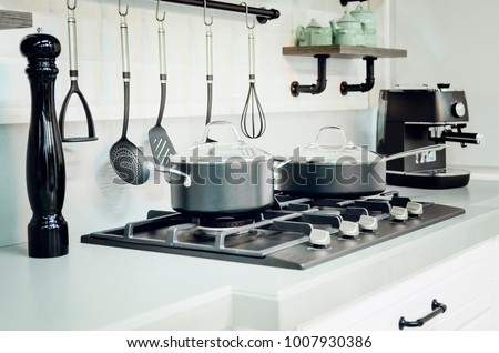 Kitchen accessories, dishes. Modern kitchen interior