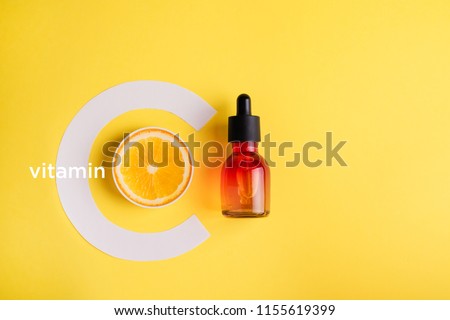 Organic bio cosmetics with vitamin C. Homeopathic oils , dietary supplements. The concept of Minimalism Flat lay