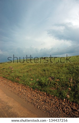 Dirt road, grass, and cloudy sky