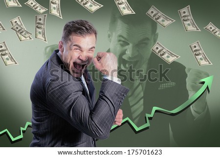businessman shouts of joy, and from the top dropped money