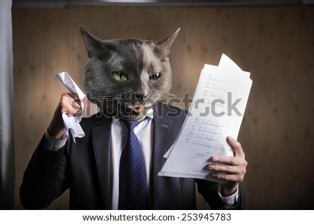 Funny fluffy cat in a business suit businessman. furious because of bad business reports.collage