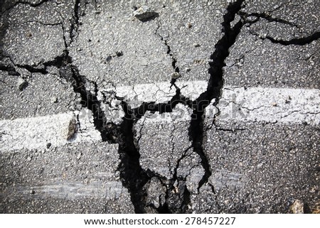 Large cracks in the pavement, broken road