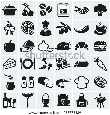 Food and cooking web icons. Set of black symbols for a culinary theme. Healthy and junk food, fruit and vegetables, spices, cooking utensils and more. Vector collection of silhouette design elements.