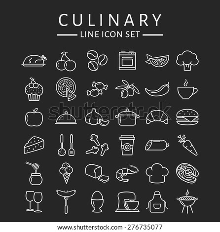 Food and cooking web icons. Set of white symbols for a culinary theme. Healthy and junk food, fruit and vegetables, seafood, spices, cooking utensils and more. Collection of line design elements.