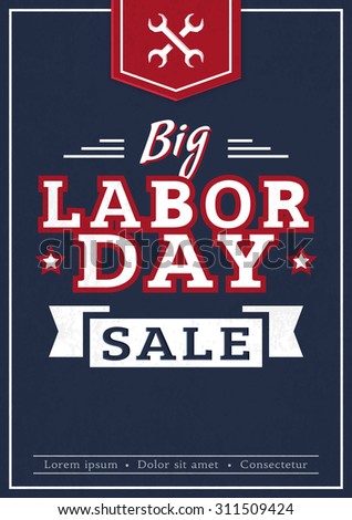 Big Labor Day. Advertising banner in dark blue, red and white colors. Vector promotion card.