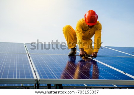 technician checks the maintenance of the solar panels.