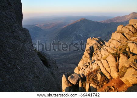 Dawn on a spring morning above Glen Rosa, seen from Cir Mhor on the Isle of Arran in western Scotland.