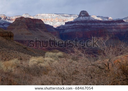 The North Rim of the Grand Canyon in winter, seen from Indian Gardens campground on the Bright Angel Trail. Arizona, USA