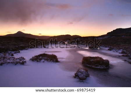 Frozen pond on the Cobbler mountain before sunrise in winter.
