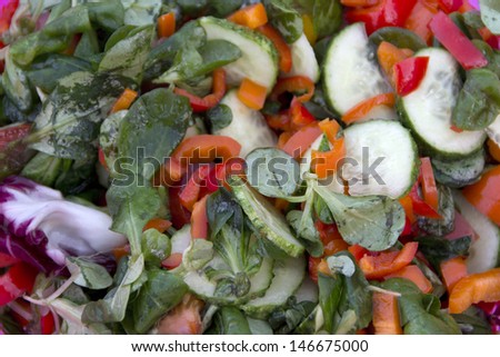 salad pepper cucumber onion tomato salad leaves background orange purple red green  mixed