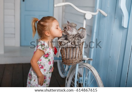 Child kiss a cat. Little girl have fun with kitten