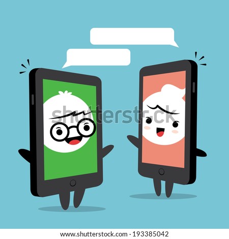 Smart phone chat online concept, cartoon man and woman face on smart phone screen