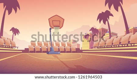 Street basketball court, city public stadium for team games cartoon vector. Empty outdoor sport field with basketball hoop and seats for fans illustration. Seacoast resort sport actives infrastructure