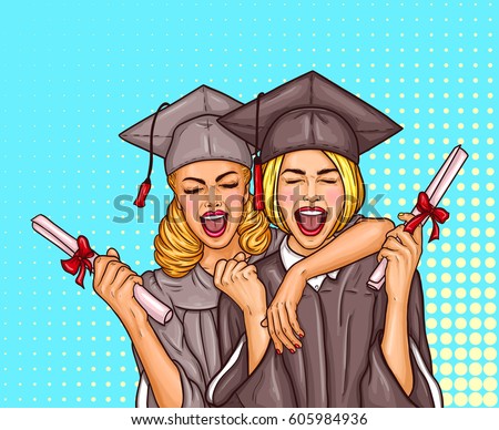 Vector pop art illustration of a two excited young girls graduate student in a graduation cap and mantle with a university diploma in their hands. The concept of celebrating the graduation ceremony