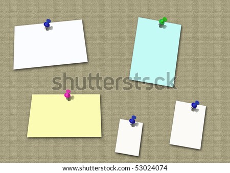 Blank note papers on thumb tacks to board