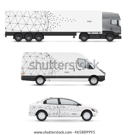 Set of design templates for transport. Mockup of passenger car, bus and van. Branding for advertising and corporate identity. Graphics elements with abstract polygonal sphere.