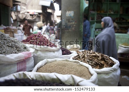 CAIRO, EGYPT - DECEMBER 2009: Varieties of spices on sale at the Kan El-Khalili market.