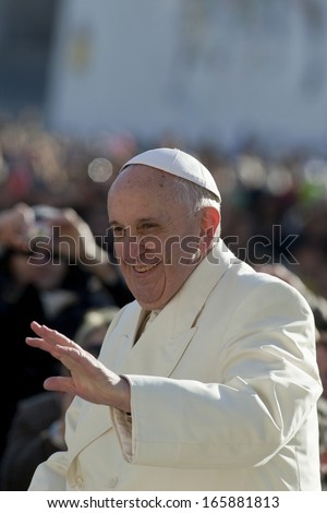 Vatican City, Vatican - December 04 : Pope Francis Greets The Pilgrims During His Weekly General Audience In St Peter\'S Square At The Vatican On December 04, 2013.