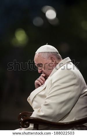 ROME, ITALY - APRIL 18, 2014: Pope Francis celebrates the 'Via Crucis' procession at Colosseum in Rome on April 18, 2014.
