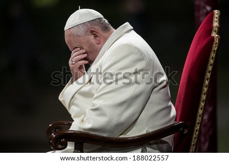 ROME, ITALY - APRIL 18, 2014: Pope Francis celebrates the \'Via Crucis\' procession at Colosseum in Rome on April 18, 2014.