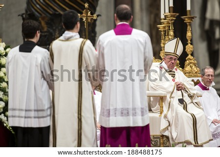 VATICAN CITY, VATICAN - APRIL 19, 2014: Pope Francis leads the Easter vigil mass in Saint Peter's Basilica on Holy Saturday. Vatican City, 19 April 2014.